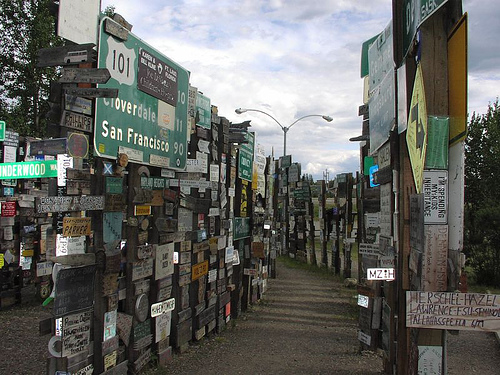 The Signpost Forest, international assemblage of street signs and license plates, Watson Lake, Yukon 